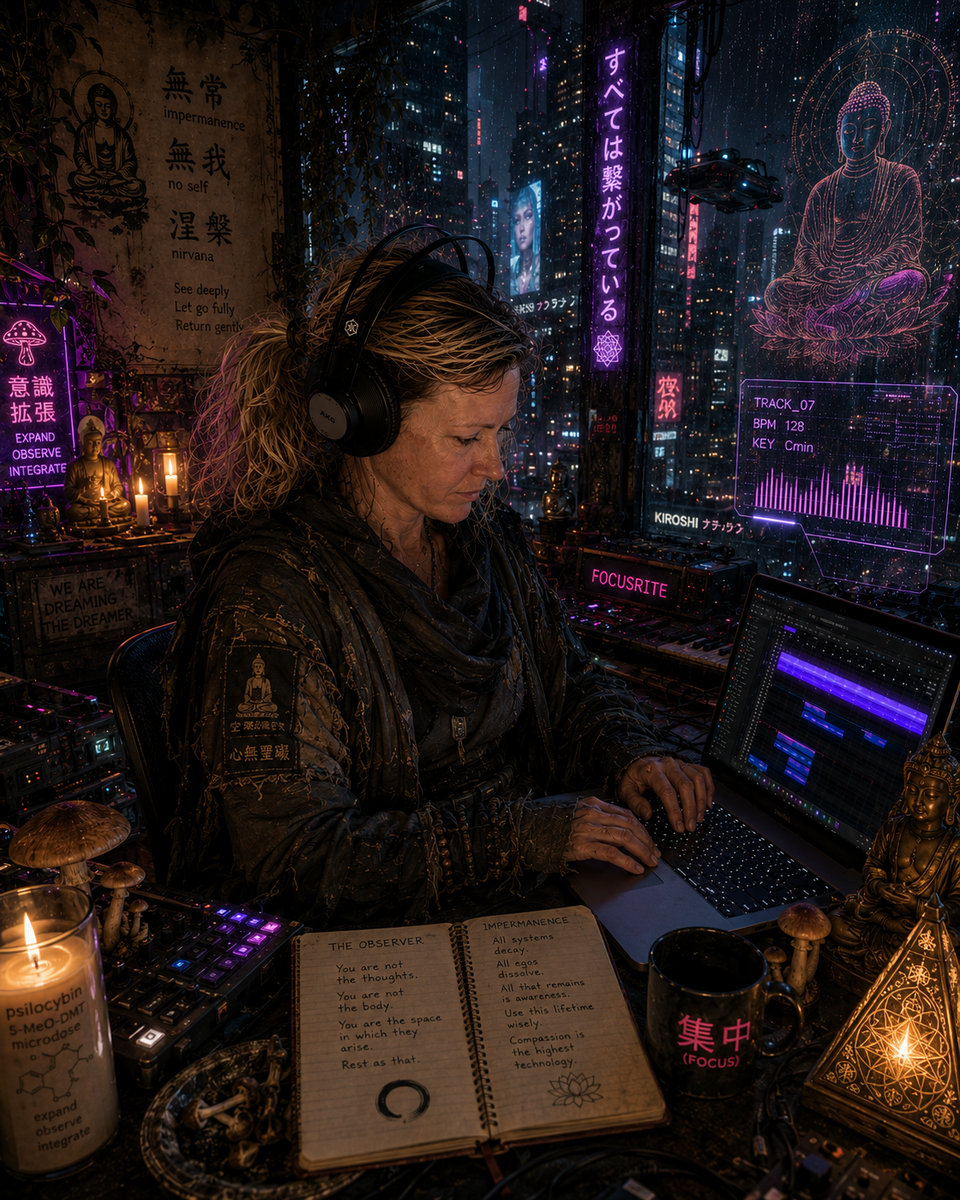 Diamond Spiral’s Bandcamp artist image: headphones, electronic instruments and violet light in a futuristic studio.