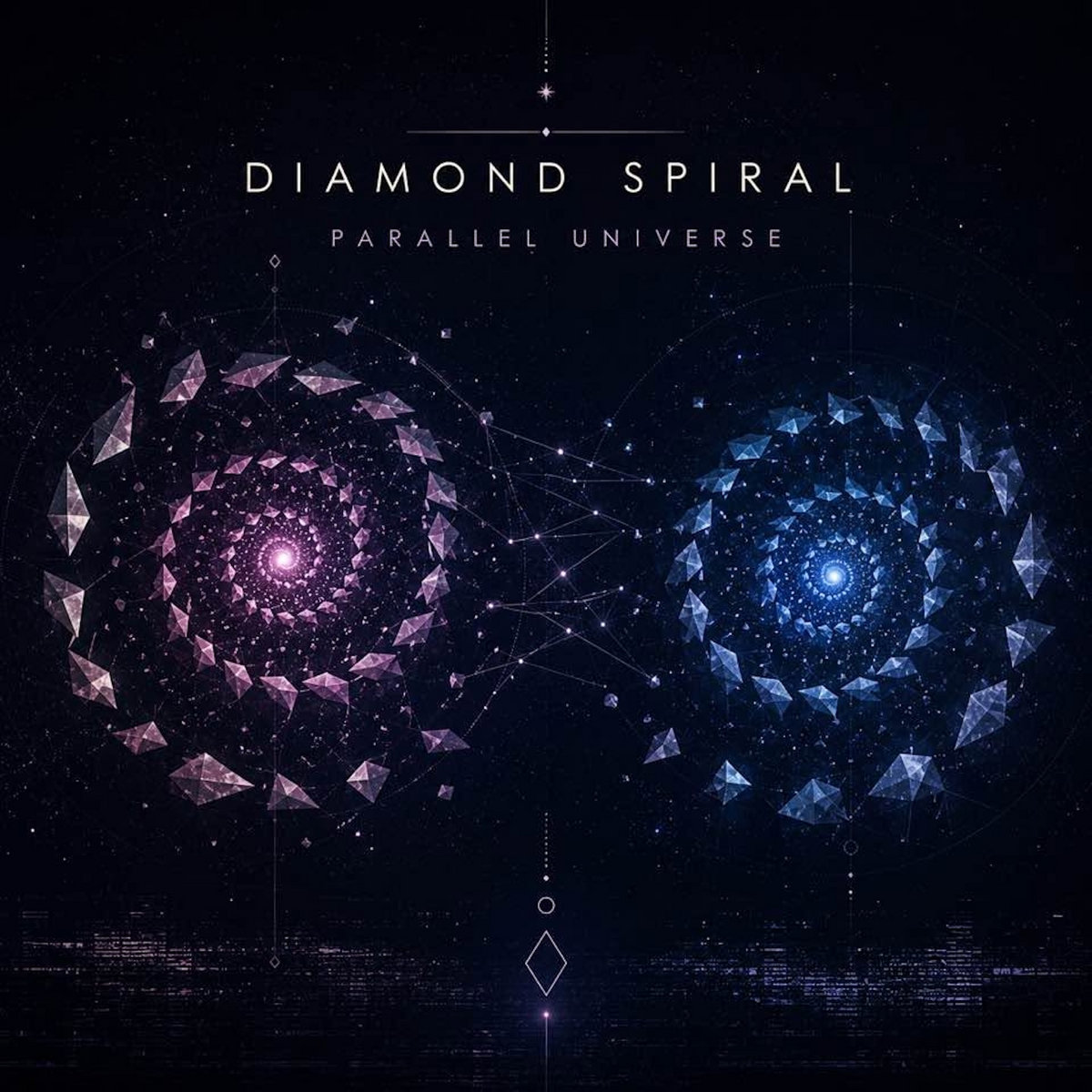 Parallel Universe cover art: two crystalline spirals, one pink and one blue, against deep black.